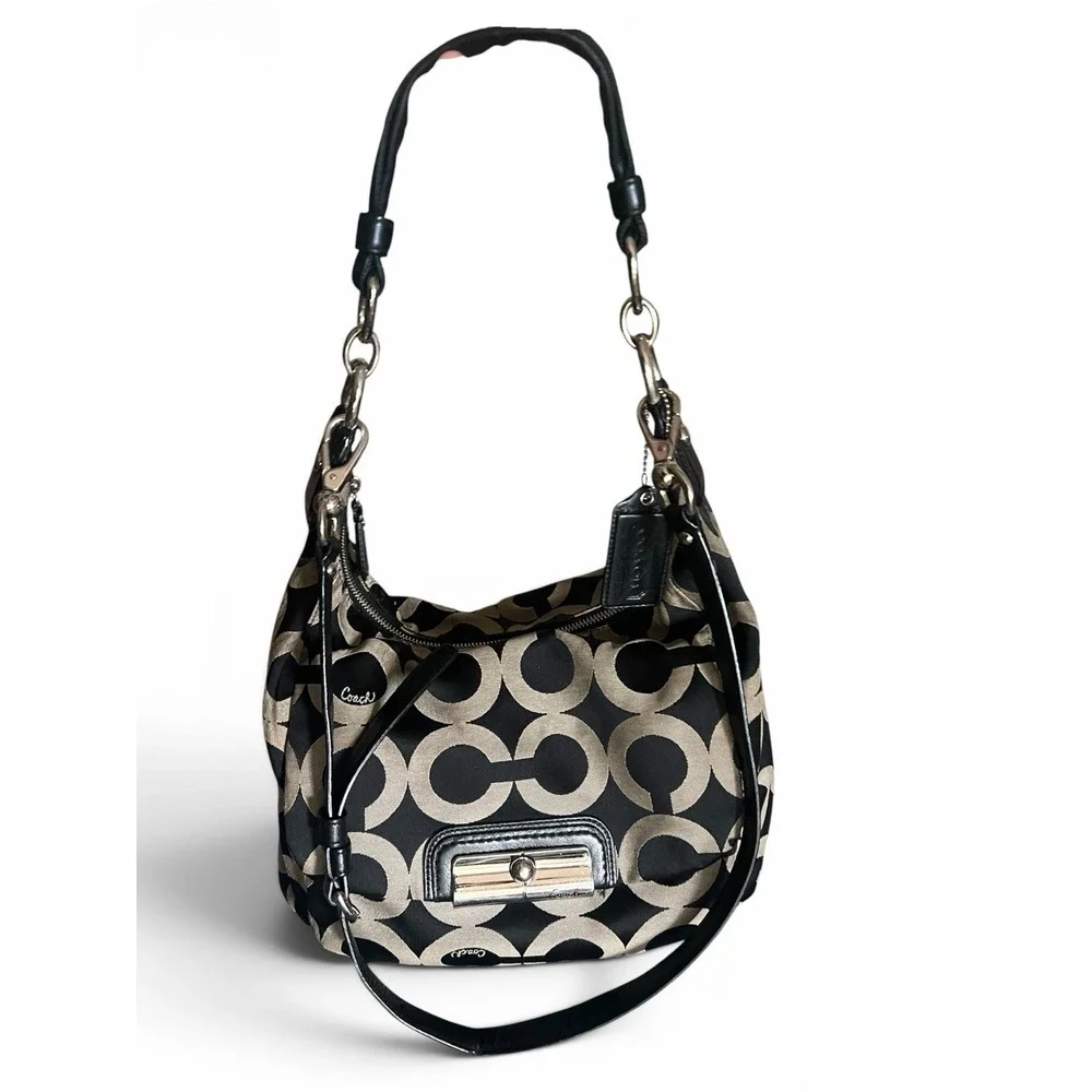 Coach Kristin Op Art Jacquard Canvas Hobo Shoulder Bag F16811 Beige Black